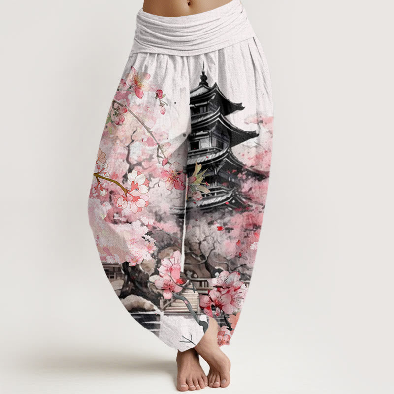 Pantaloni harem da donna con elastico in vita e motivo a fiori di ciliegio in cotone Buddha Stones - Bianco - US22, UK/AU26, EU54 (6XL) - image 0
