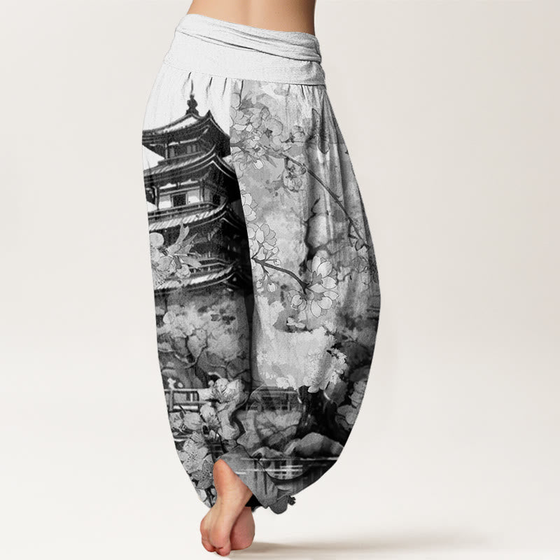Pantaloni harem da donna con elastico in vita e motivo a fiori di ciliegio in cotone Buddha Stones - image 8