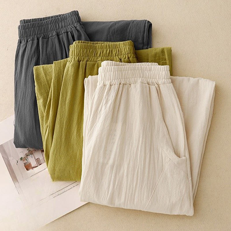 Pantaloni da donna in lino e cotone con elastico in vita, tinta unita , Buddha Stones Daily, con tasche - image 17