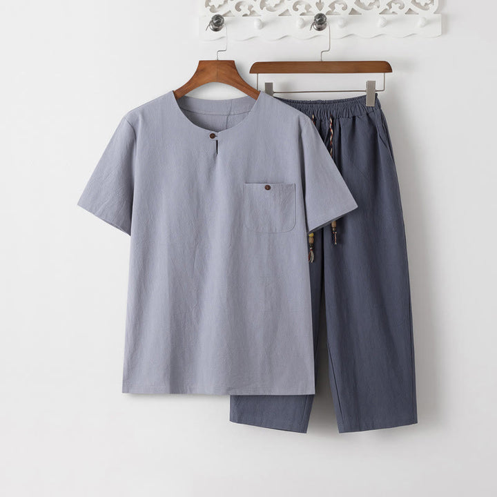 Set di 2 pezzi estivi Buddha Stones , maglietta a maniche corte, pantaloni lunghi 7-8, tuta in lino e cotone, per meditazione da uomo, con tasche - Maglietta blu acciaio chiaro e pantaloni grigio ardesia - US/UK/AU46, EU56 (5XL) - image 13