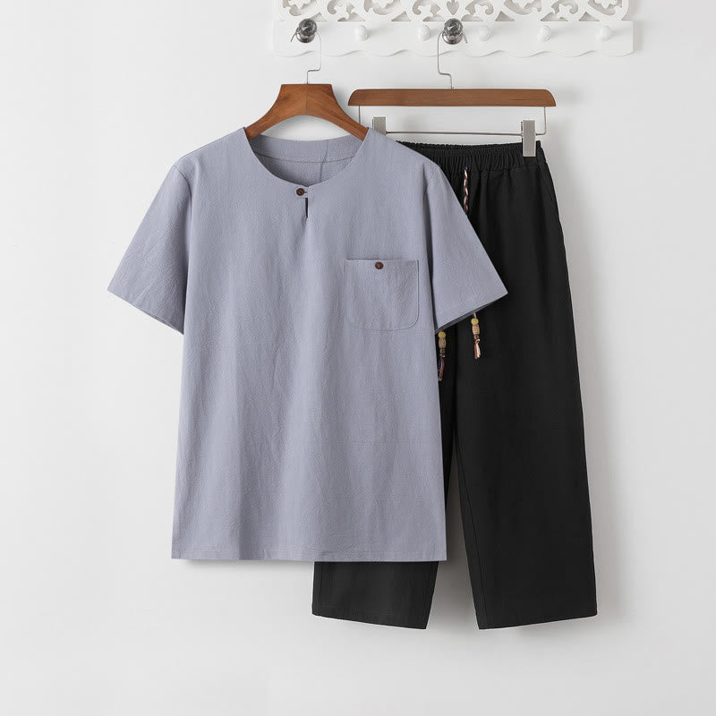 Set di 2 pezzi estivi Buddha Stones , maglietta a maniche corte, pantaloni lunghi 7-8, tuta in lino e cotone, per meditazione da uomo, con tasche - Maglietta LightSteelBlue e pantaloni neri - US/UK/AU46, EU56 (5XL) - image 14