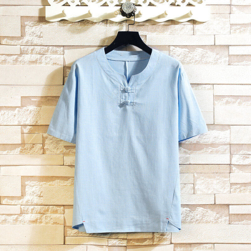 Camicia da uomo in cotone e lino a maniche corte con bottoni, tinta unita, stile estivo cinese Buddha Stones - Azzurro cielo chiaro - US/UK/AU46, EU56 (5XL) - image 0