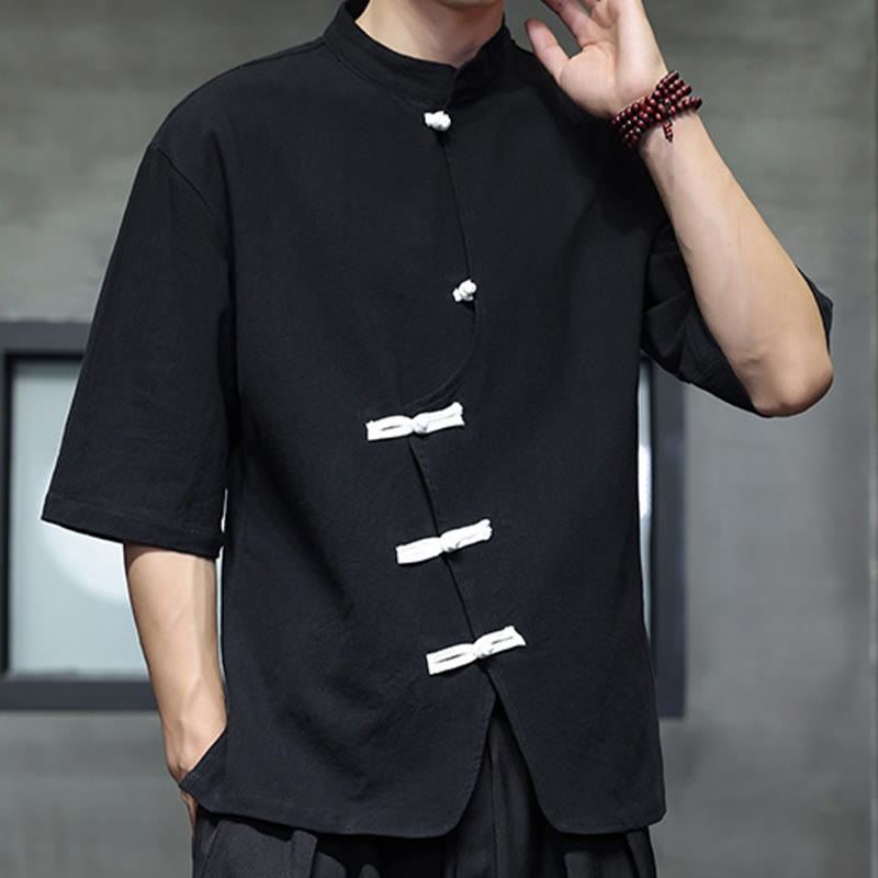 Camicia da uomo in cotone e lino con maniche corte, colletto rialzato, bottoni cinesi e motivo Buddha Stones - Nero - US/UK/AU46, EU56 (5XL) - image 0