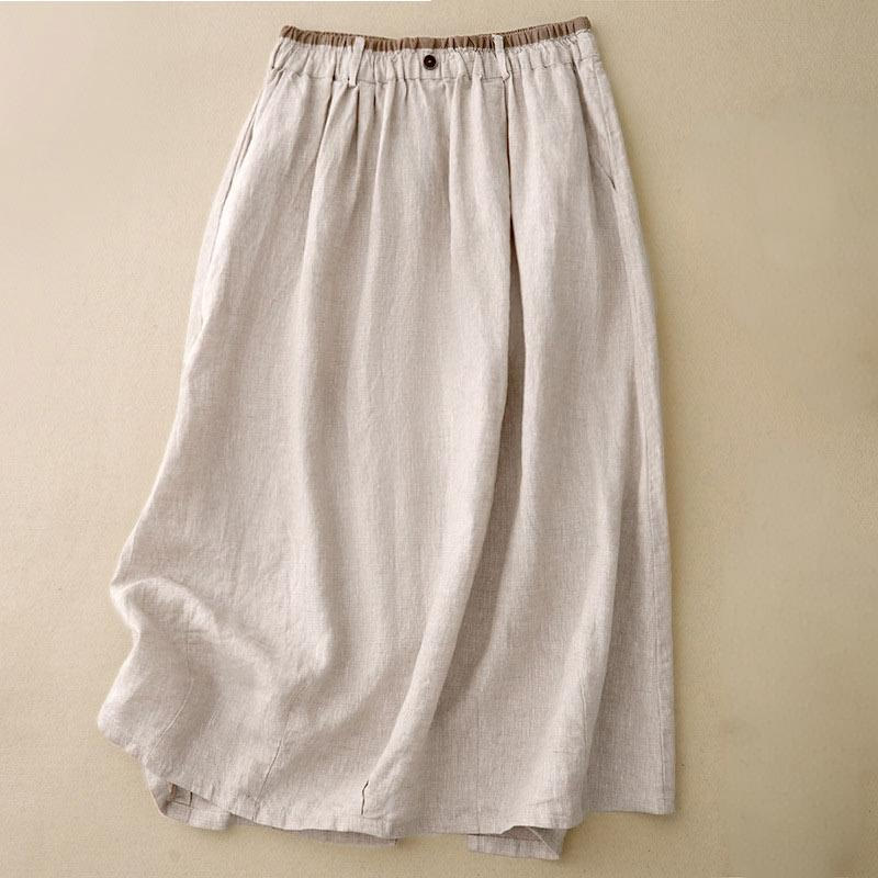 Gonna da donna in lino e cotone con tasche, stile vintage casual, stile Buddha Stones, con spacchi laterali elasticizzati - Beige - US8-10, UK/AU12-14, EU40-42 (2XL) - image 0