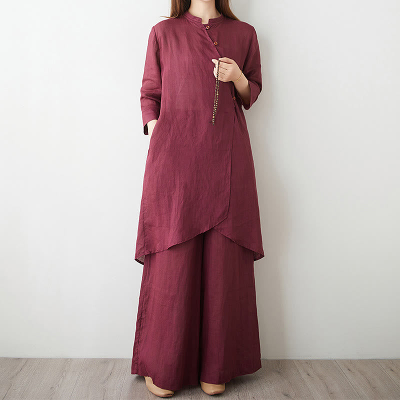 Set da donna in cotone e lino con camicia e pantaloni a maniche a tre quarti, motivo: Buddha Stones , 2 pezzi - Rosso Indiano - US8-10, UK/AU12-14, EU40-42 (2XL) - image 0