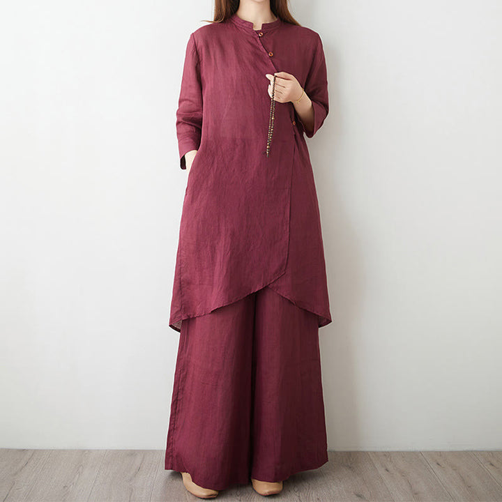 Set da donna in cotone e lino con camicia e pantaloni a maniche a tre quarti, motivo: Buddha Stones , 2 pezzi - Rosso Indiano - US8-10, UK/AU12-14, EU40-42 (2XL) - image 0