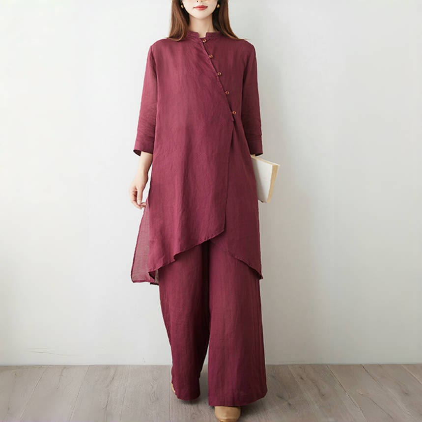 Set da donna in cotone e lino con camicia e pantaloni a maniche a tre quarti, motivo: Buddha Stones , 2 pezzi - image 3