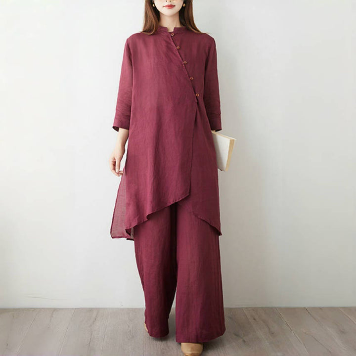 Set da donna in cotone e lino con camicia e pantaloni a maniche a tre quarti, motivo: Buddha Stones , 2 pezzi - image 3