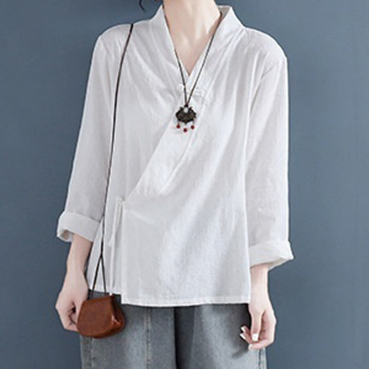 Camicia da donna in cotone e lino Zen, casual, a maniche lunghe, tinta unita, con bottoni e rana, motivo Buddha Stones - image 3