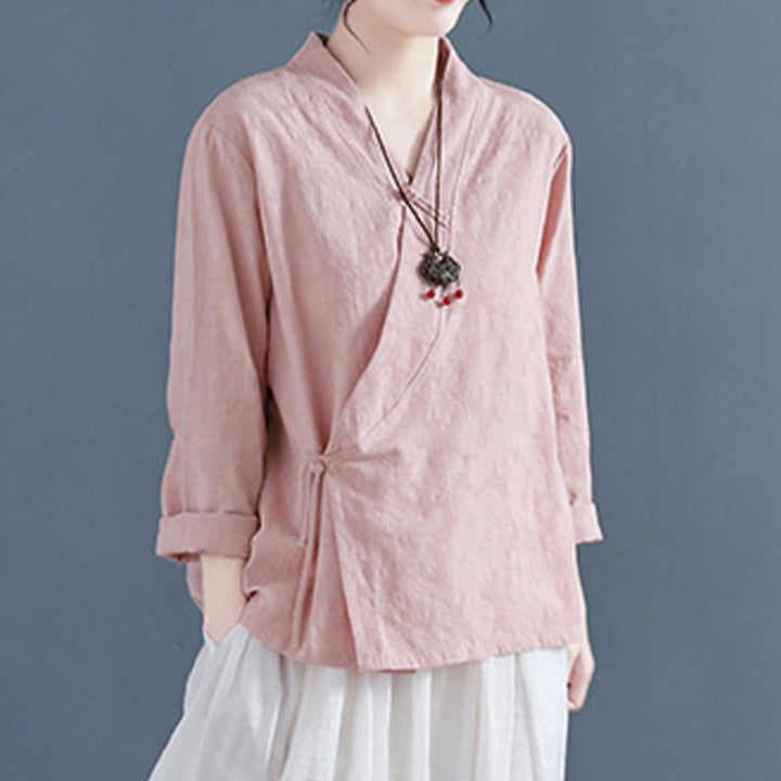 Camicia da donna in cotone e lino Zen, casual, a maniche lunghe, tinta unita, con bottoni e rana, motivo Buddha Stones - image 5