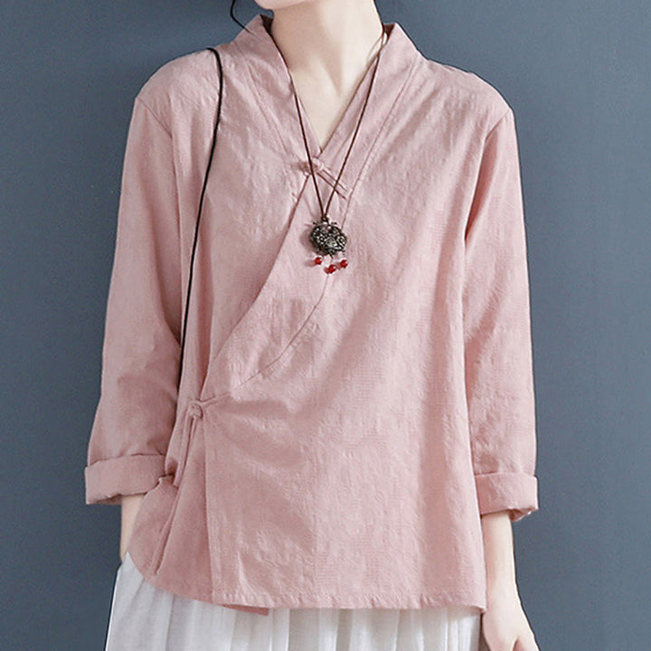 Camicia da donna in cotone e lino Zen, casual, a maniche lunghe, tinta unita, con bottoni e rana, motivo Buddha Stones - Rosa - US8-10, UK/AU12-14, EU40-42 (2XL) - image 4