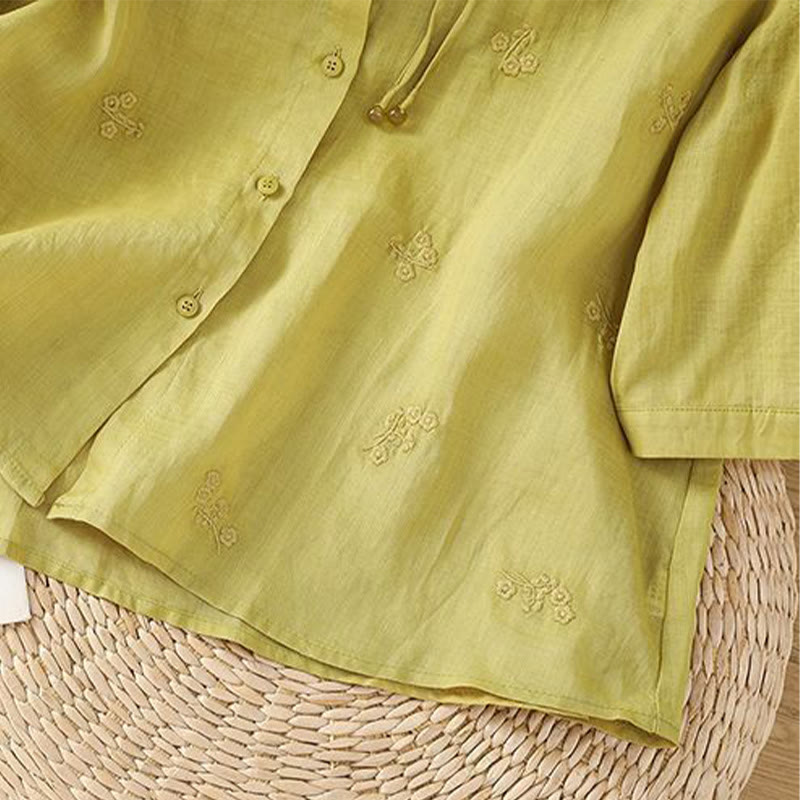 Camicia da donna in cotone con maniche a tre quarti, motivo Buddha Stones, fiori ricamati e bottoni - image 8