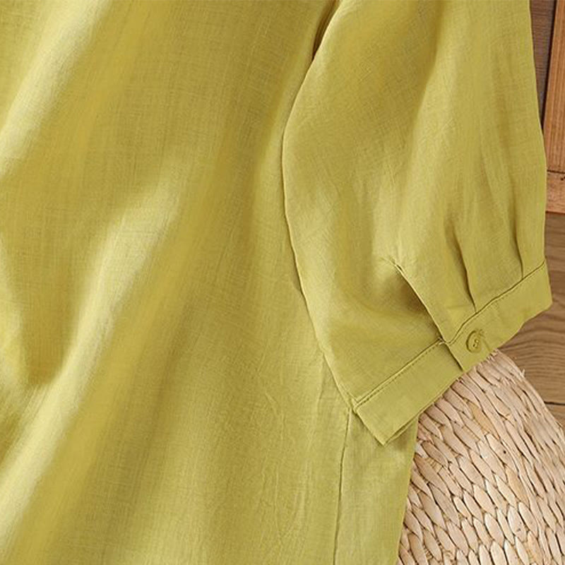 Camicia da donna in cotone con maniche a tre quarti, motivo Buddha Stones, fiori ricamati e bottoni - image 7