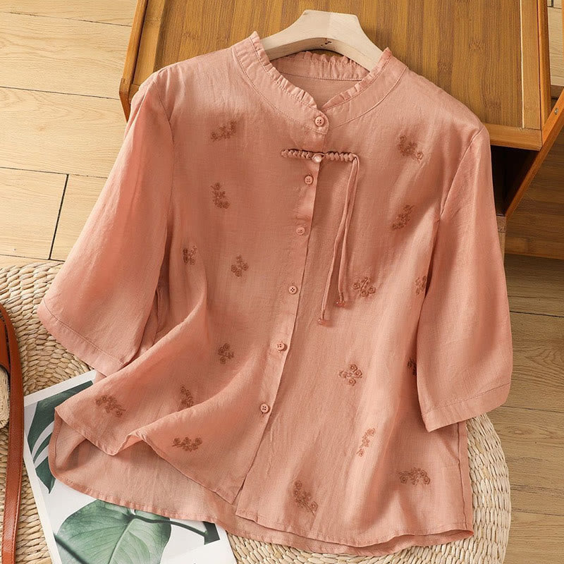 Camicia da donna in cotone con maniche a tre quarti, motivo Buddha Stones, fiori ricamati e bottoni - Salmone chiaro - US12, UK/AU16, EU44 (3XL) - image 10