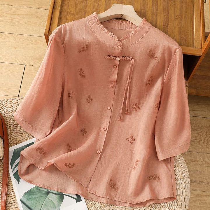 Camicia da donna in cotone con maniche a tre quarti, motivo Buddha Stones, fiori ricamati e bottoni - Salmone chiaro - US12, UK/AU16, EU44 (3XL) - image 10