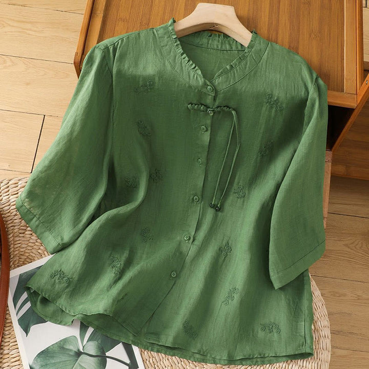 Camicia da donna in cotone con maniche a tre quarti, motivo Buddha Stones, fiori ricamati e bottoni - Verde mare - US12, UK/AU16, EU44 (3XL) - image 11