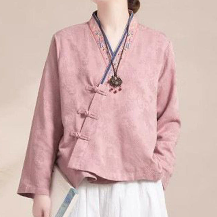 Camicia da donna in cotone a maniche lunghe con bottoni, motivo : Buddha Stones, fiori ricamati e rana d'erba - image 1