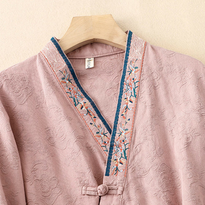 Camicia da donna in cotone a maniche lunghe con bottoni, motivo : Buddha Stones, fiori ricamati e rana d'erba - image 4
