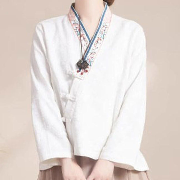 Camicia da donna in cotone a maniche lunghe con bottoni, motivo : Buddha Stones, fiori ricamati e rana d'erba - image 14