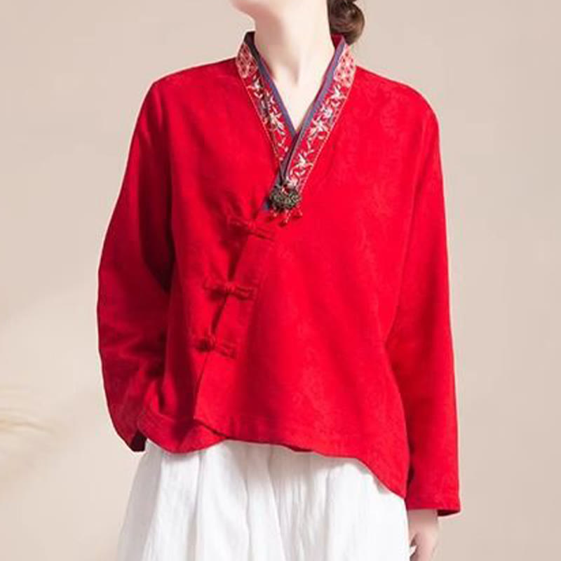 Camicia da donna in cotone a maniche lunghe con bottoni, motivo : Buddha Stones, fiori ricamati e rana d'erba - Rosso - US8-10, UK/AU12-14, EU40-42 (3XL) - image 17
