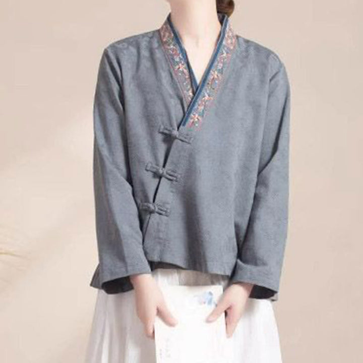 Camicia da donna in cotone a maniche lunghe con bottoni, motivo : Buddha Stones, fiori ricamati e rana d'erba - image 21
