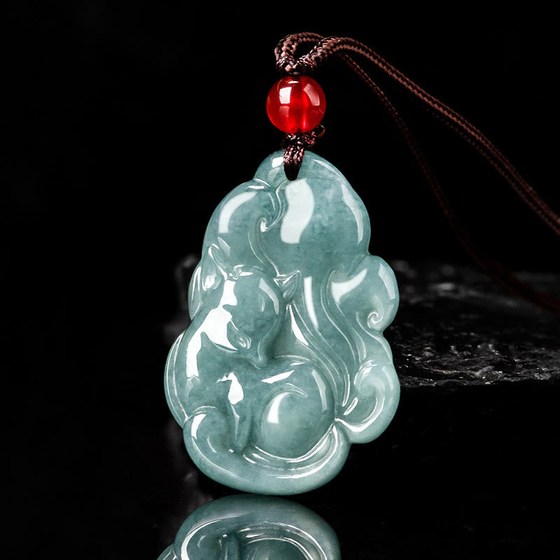 Collana con ciondolo a forma di fata della prosperità, volpe a nove code, in giada verde naturale, Buddha Stones