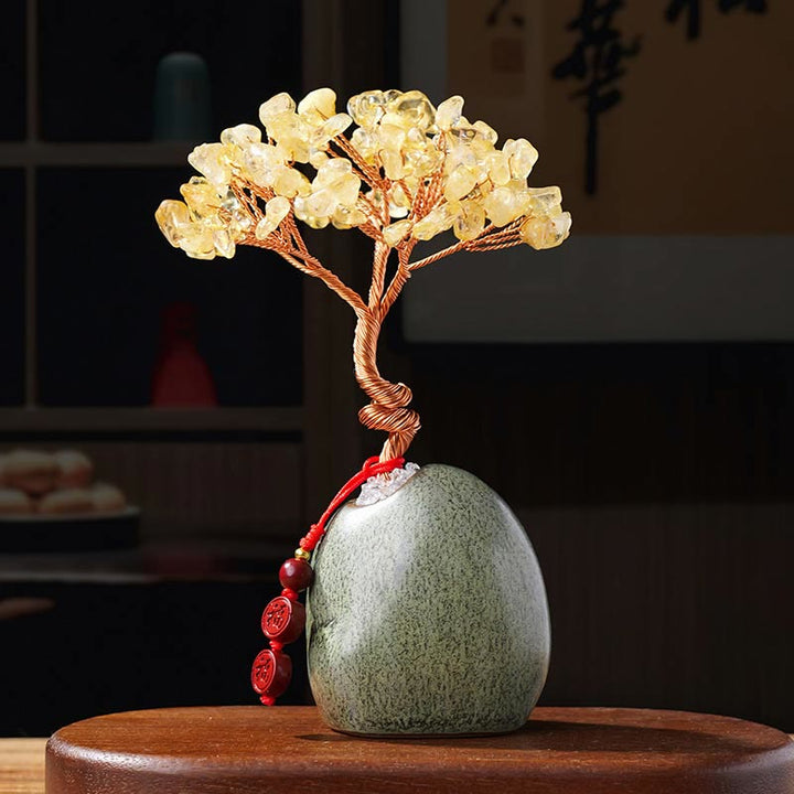 Buddha Stones, Citrino, Ametista, Avventurina verde, Cristallo, Albero, Base in Ceramica, Prosperità, Decorazione per la casa - Citrino 4,5*12cm - image 0