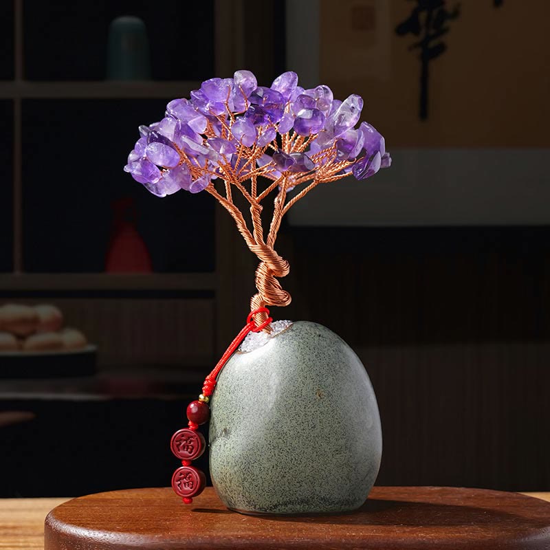 Buddha Stones, Citrino, Ametista, Avventurina verde, Cristallo, Albero, Base in Ceramica, Prosperità, Decorazione per la casa - Ametista 4,5*12cm - image 3