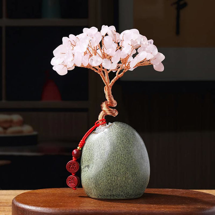 Buddha Stones, Citrino, Ametista, Avventurina verde, Cristallo, Albero, Base in Ceramica, Prosperità, Decorazione per la casa - Cristallo rosa 4,5*12 cm - image 9