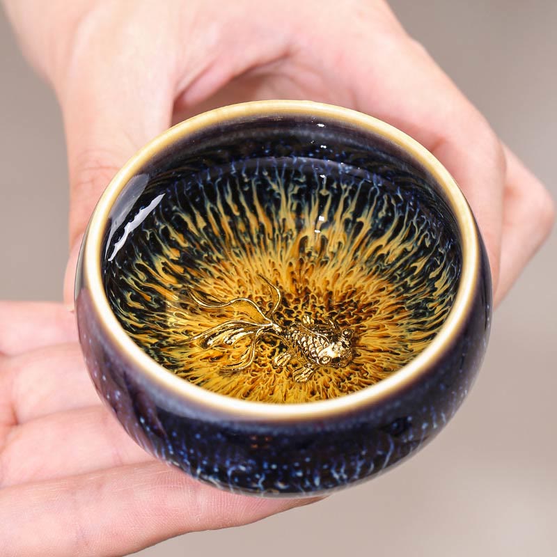 Tazza da tè in ceramica Buddha Stones 12 segni dello zodiaco cinese, realizzata a mano in Cina, motivo: Jianzhan, pesce koi, loto, drago, fenice, tazza da tè Kung Fu, 70 ml - image 2