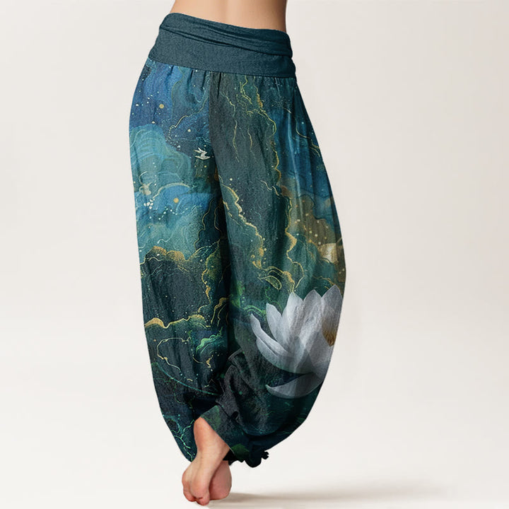 Pantaloni harem da donna con elastico in vita, in cotone, casual, motivo : Buddha Stones , motivo: cielo stellato e nuvole - image 2