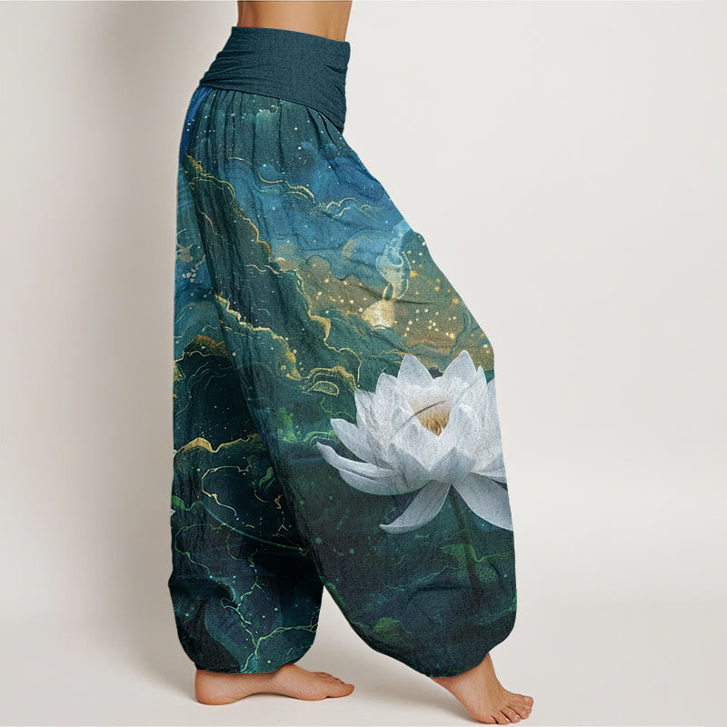 Pantaloni harem da donna con elastico in vita, in cotone, casual, motivo : Buddha Stones , motivo: cielo stellato e nuvole - image 1