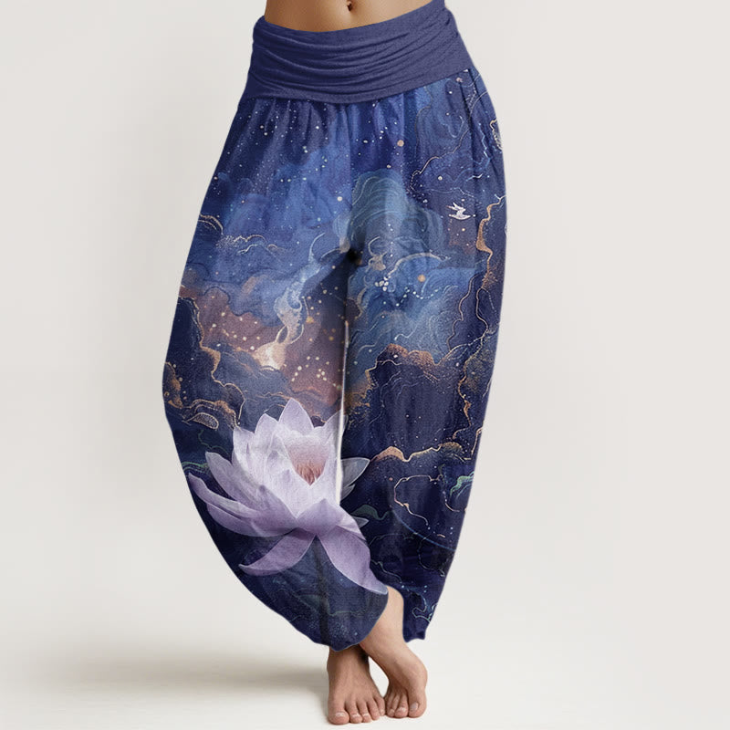 Pantaloni harem da donna con elastico in vita, in cotone, casual, motivo : Buddha Stones , motivo: cielo stellato e nuvole - Marina - US22, UK/AU26, EU54 (6XL) - image 7