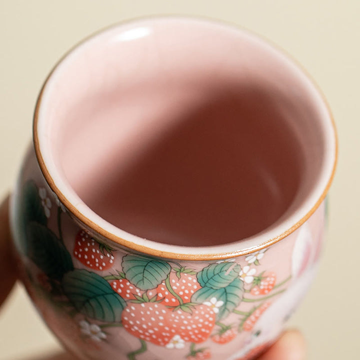 Tazza da tè Kung Fu con coniglio e fragola Buddha Stones, piccola, 90 ml, con scatola regalo