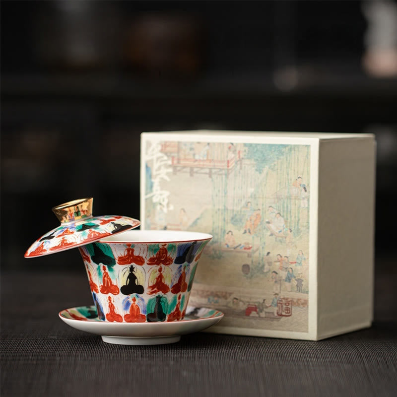Tazza da tè e piattino in ceramica Dunhuang Gaiwan Sancai Kung Fu con coperchio, confezione regalo da 180 ml, Buddha Stones Thangka Dragon Buddha