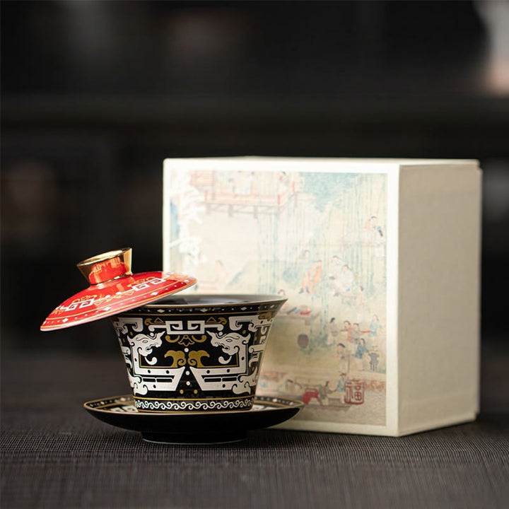 Tazza da tè e piattino in ceramica Dunhuang Gaiwan Sancai Kung Fu con coperchio, confezione regalo da 180 ml, Buddha Stones Thangka Dragon Buddha