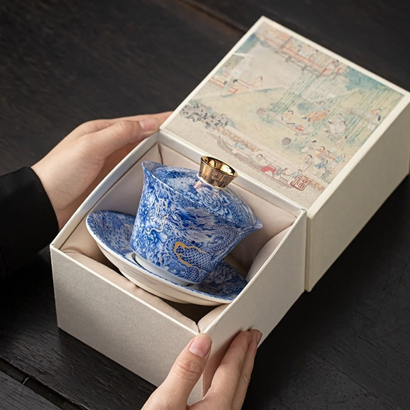 Tazza da tè e piattino in ceramica Dunhuang Gaiwan Sancai Kung Fu con coperchio, confezione regalo da 180 ml, Buddha Stones Thangka Dragon Buddha
