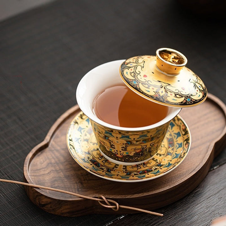 Tazza da tè e piattino in ceramica Dunhuang Gaiwan Sancai Kung Fu con coperchio, confezione regalo da 180 ml, Buddha Stones Thangka Dragon Buddha