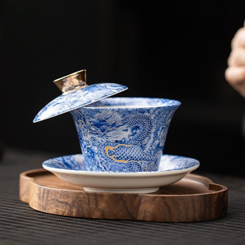 Tazza da tè e piattino in ceramica Dunhuang Gaiwan Sancai Kung Fu con coperchio, confezione regalo da 180 ml, Buddha Stones Thangka Dragon Buddha