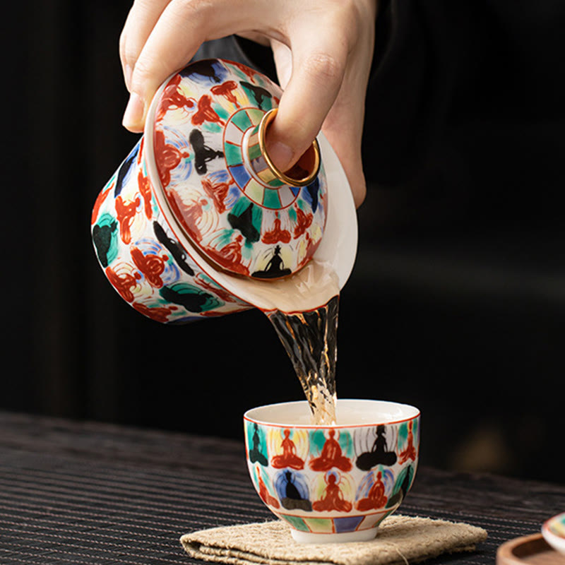 Tazza da tè e piattino in ceramica Dunhuang Gaiwan Sancai Kung Fu con coperchio, confezione regalo da 180 ml, Buddha Stones Thangka Dragon Buddha