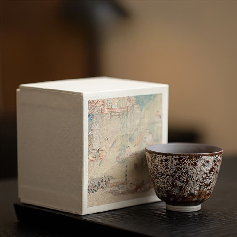 Tazza da tè Kung Fu Buddha Stones e fiori marroni in piena fioritura, 100 ml, con scatola regalo