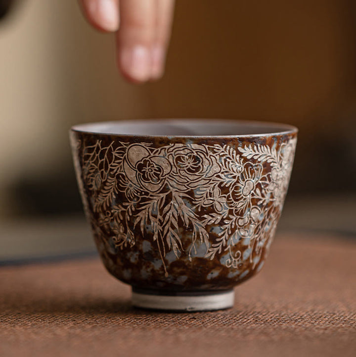 Tazza da tè Kung Fu Buddha Stones e fiori marroni in piena fioritura, 100 ml, con scatola regalo