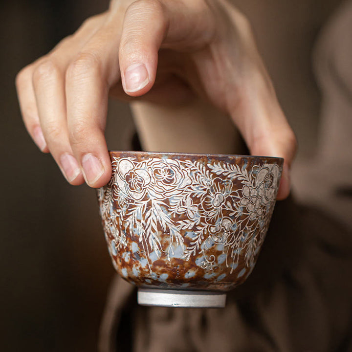 Tazza da tè Kung Fu Buddha Stones e fiori marroni in piena fioritura, 100 ml, con scatola regalo