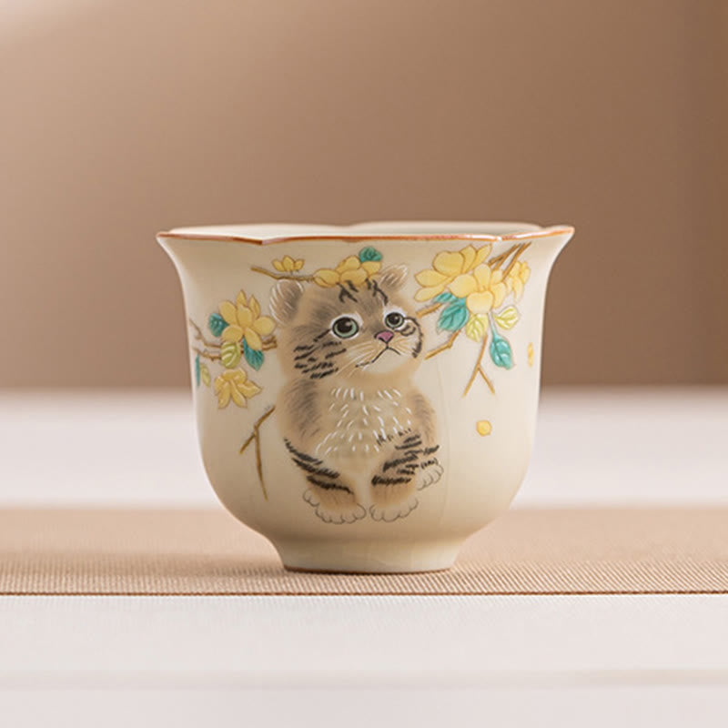 Tazza da tè Kung Fu Buddha Stones, gatto carino, fiori gialli e coniglio - Gatto 5,9 cm*5 cm*55 ml - image 13
