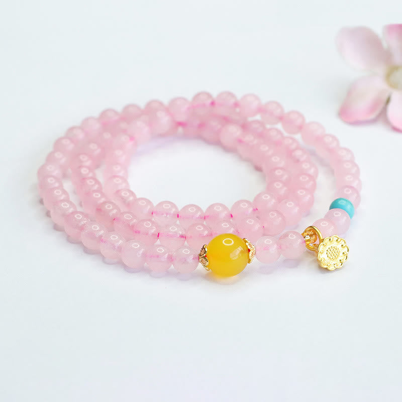 Bracciale Buddha Stones con cristalli rosa e calcedonio giallo multi-cerchio, calore del loto - image 2