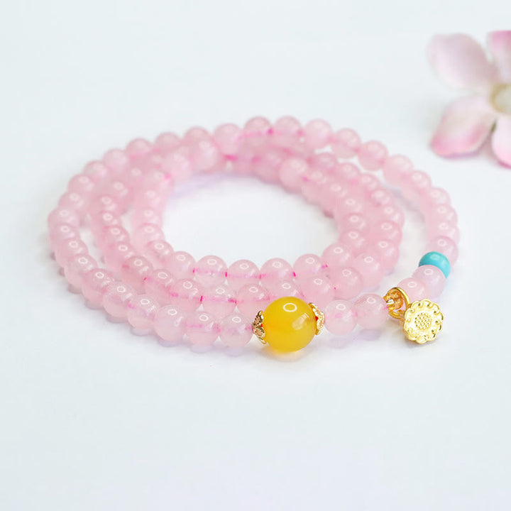 Bracciale Buddha Stones con cristalli rosa e calcedonio giallo multi-cerchio, calore del loto - image 2
