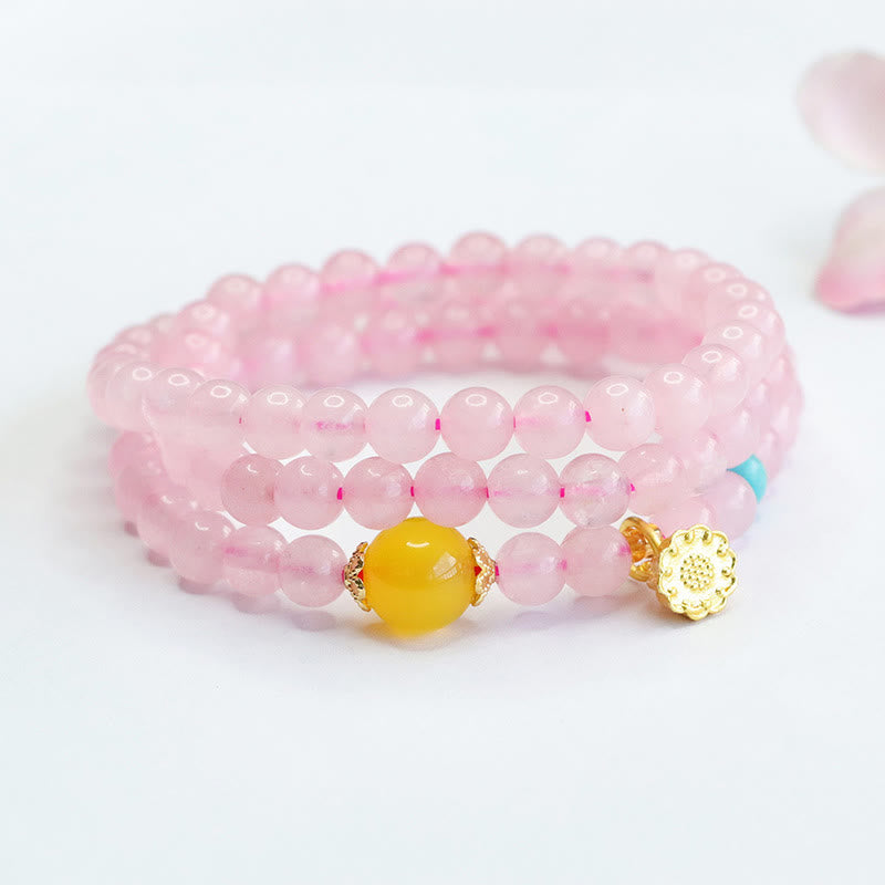Bracciale Buddha Stones con cristalli rosa e calcedonio giallo multi-cerchio, calore del loto - image 3