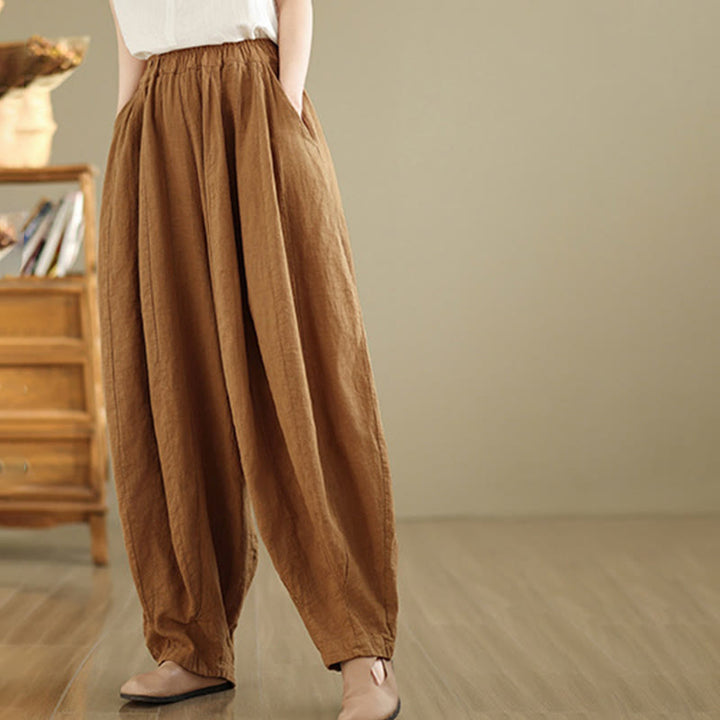 Pantaloni a gamba larga da donna in cotone e lino con tasche, motivo lanterna patchwork vintage Buddha Stones - image 1