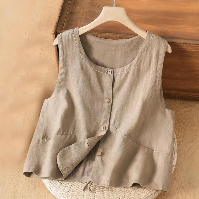 Gilet da donna monopetto senza maniche in cotone e lino con motivo Buddha Stones e tasche. - Legno robusto - US8-10, UK/AU12-14, EU40-42 (2XL) - image 0