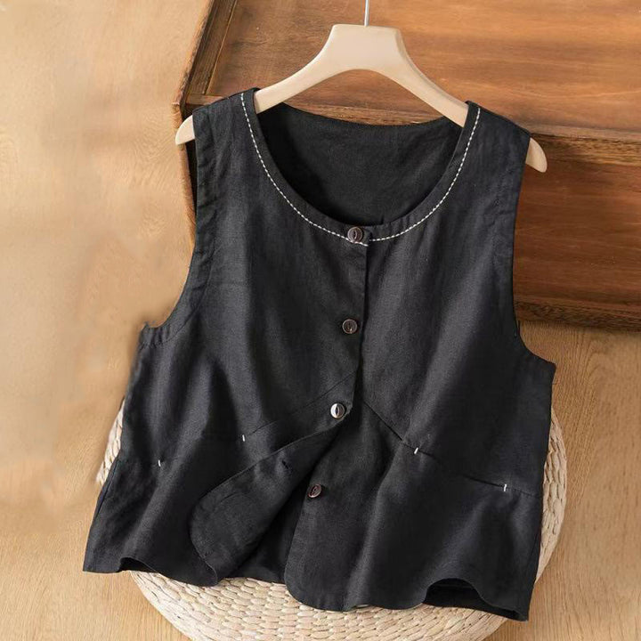 Gilet da donna monopetto senza maniche in cotone e lino con motivo Buddha Stones e tasche. - Nero - US8-10, UK/AU12-14, EU40-42 (2XL) - image 2